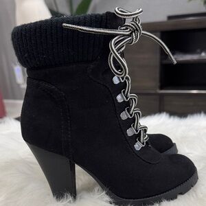 Paprika Black Lace-Up Heeled Ankle Boots with Knit Cuff